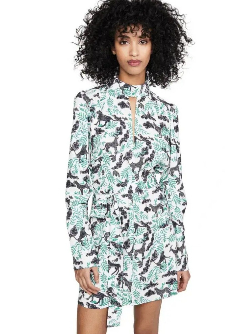 SALONI Tania Menagerie White Dress Teal Leaf Black Animal Print Womens Size 6